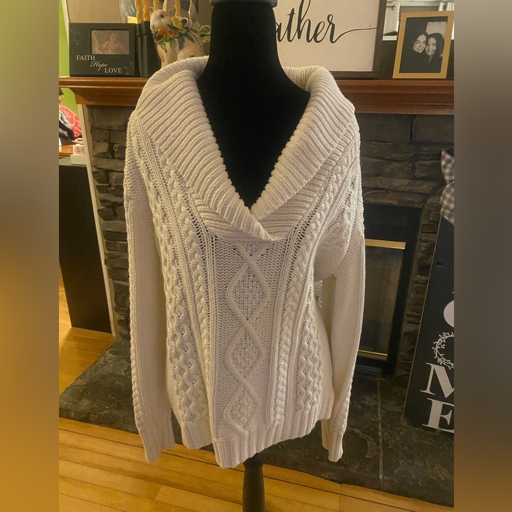 Eddie Bauer Cream Cable-Knit Shawl Collar Fisherman Sweater